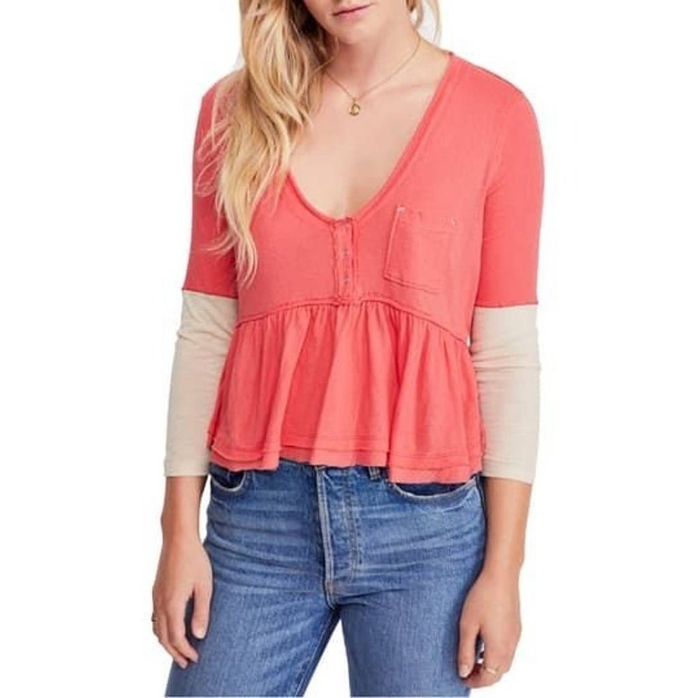 Free People Heart of Mine Colorblock Peplum Cotton Long Sleeve Top Large NWT